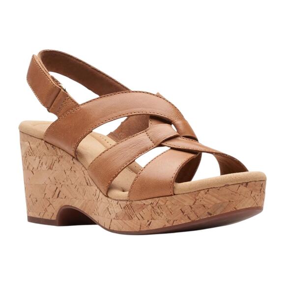 Clarks Women's Giselle Beach Leather Slingback Wedge Sandals Tan Size 9 1/2 W - Picture 1 of 6